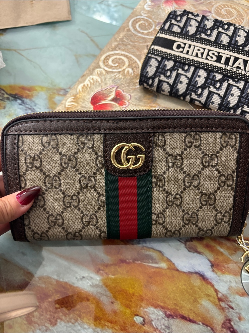 Gucci Brown GG Supreme Zip Wallet with Red and Green Web Stripe